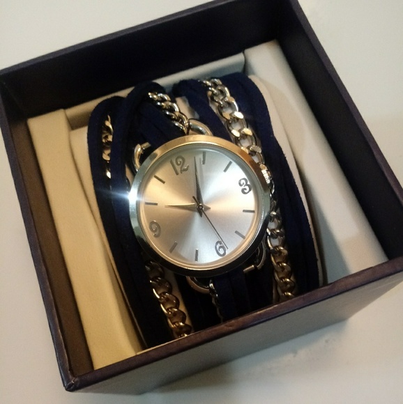 Navy Blue & Silver Chained Analogue Watch - Picture 1 of 2